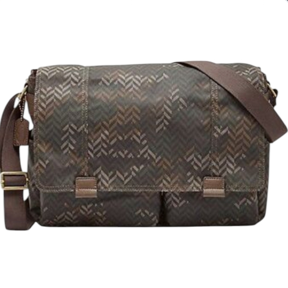 Fossil Canvas Messenger Bag Herringbone Crossbody Laptop Book Bag Brown Unisex
